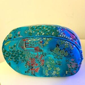 Turquoise Embroidered Satin Cosmetic Bag